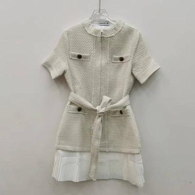 European Style Tweed Belted Slim Knit Dress - Retro Round Neck, Spring/Autumn Collection