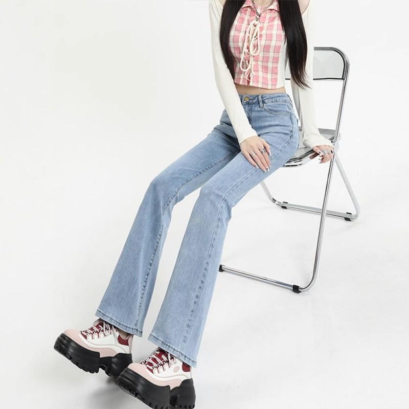 High-Waisted Stretch Denim Flare Jeans Women Streetwear Slim Fit Blue Long Pants