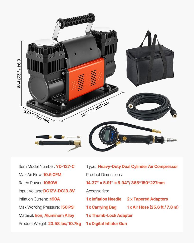 Dual-Cylinder Heavy Duty Air Compressor, 300 L/min Portable Tire Inflator, 12V 150PSI Offroad Air Pump with Digital Pressure Gauge & Adapters for