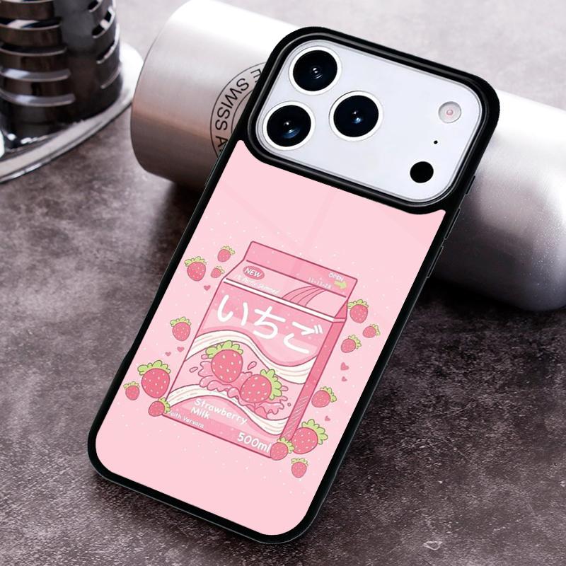 Kawaii Japanese Strawberry Milk Drink Bottle Phone Case for iPhone 17 16 15 Pro Max Air 14 13 12 11 Plus Shockproof Cover