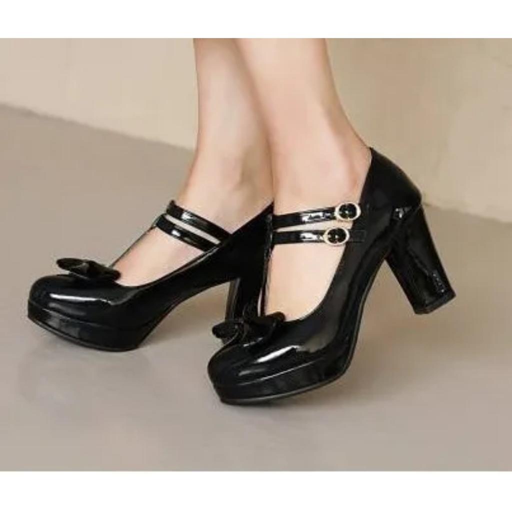 Women Mary Jane Shoes Lolita High Heels Bow T-Strap Platform Pumps Thick Heels Shoes Princess Wedding Party Shoes Plus Size33-46