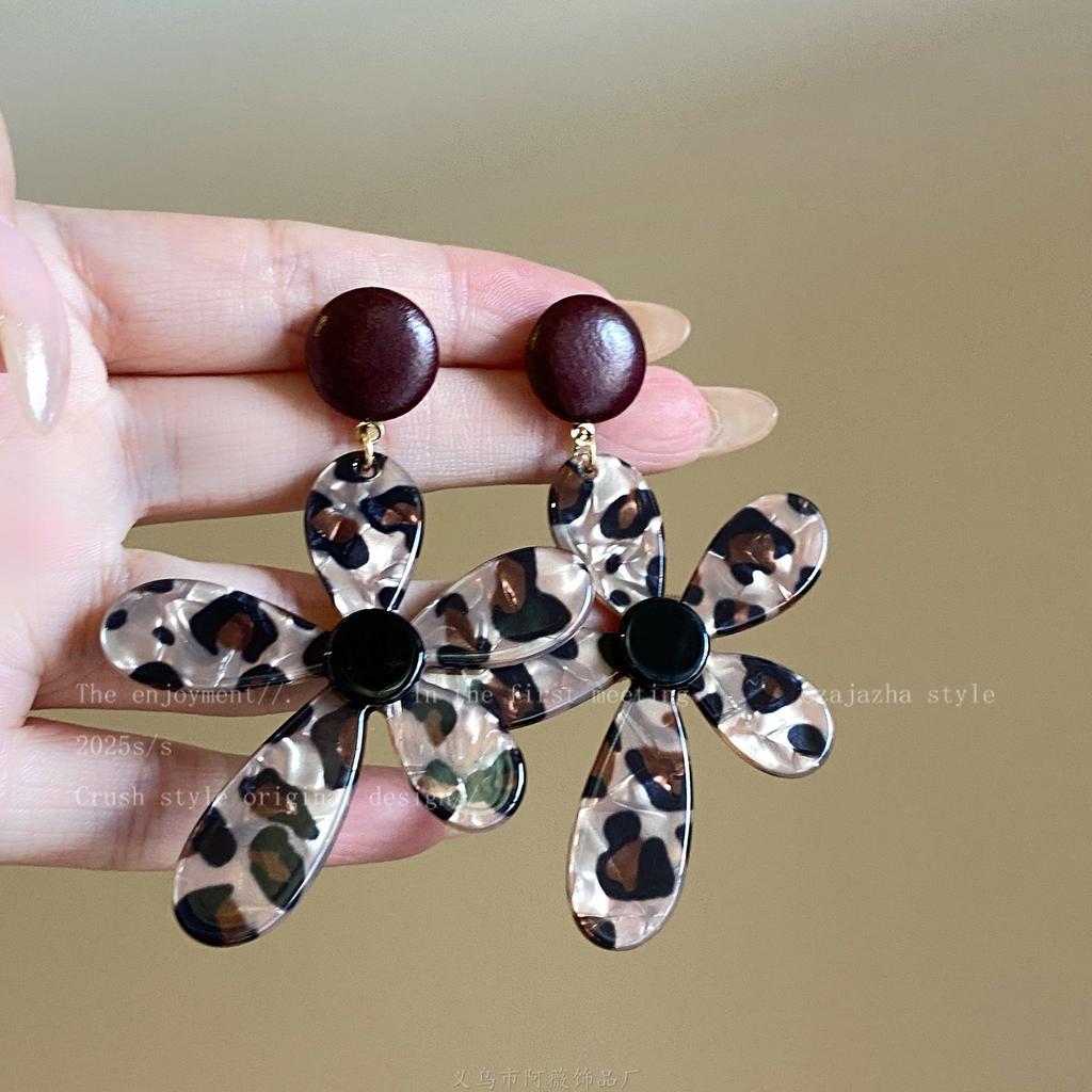 European and American retro fabric flower fringed leopard print earrings earrings personalized temperament earrings women
