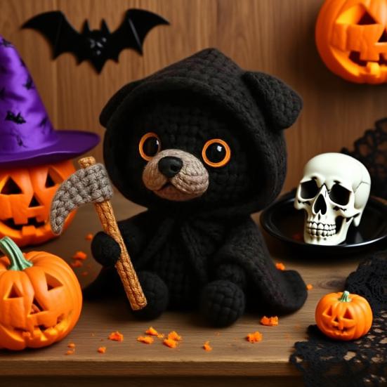 Handmade Crochet Dog Cat Figurine Cute Halloween Knitted Animal with Pumpkin Emotional Support Gift for Dog Cat Lovers