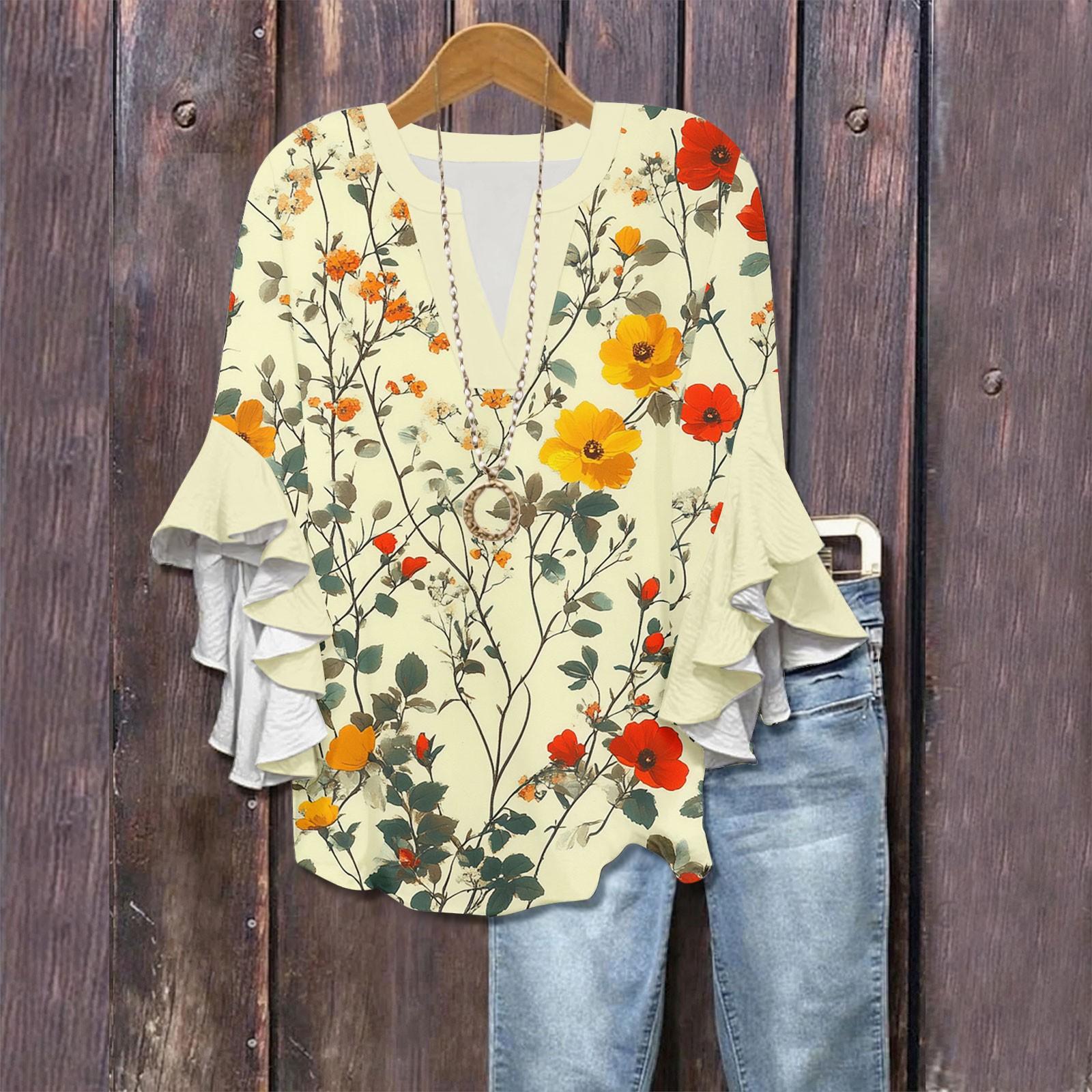 

Рубашки с рукавами 3/4 для женщин, симпатичные футболки с графическим принтом, блузки, повседневные, больших размеров, базовые топы с оборками на рукавах, пуловеры S бежевый