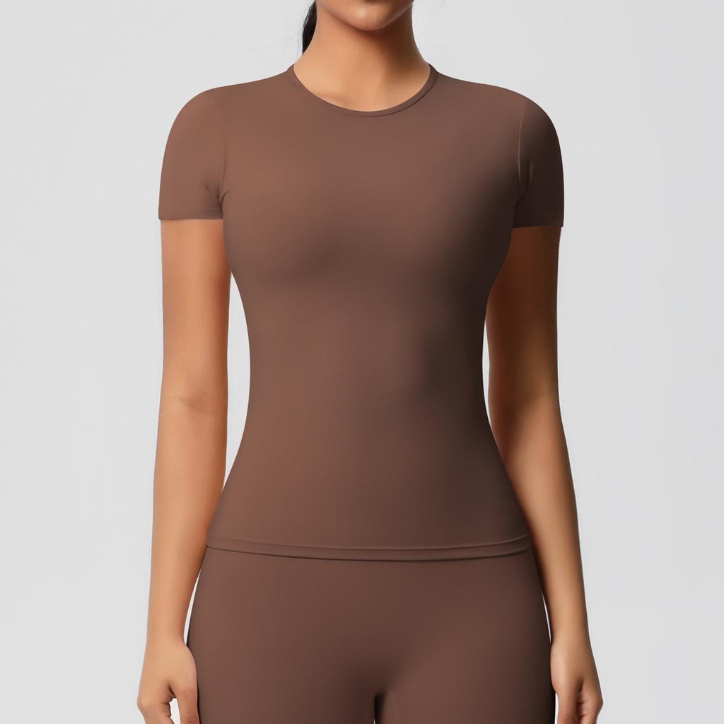 Solid color double-sided abraded tight sports short-sleeved T-shirt sports running fitness yoga clothes top women