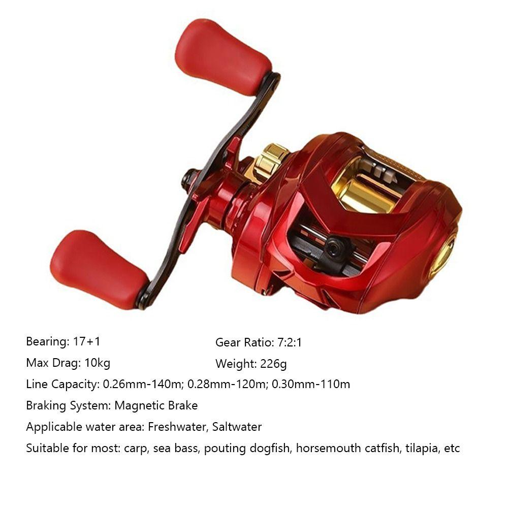 Metal Casting Baitcasting Reel 10Kg Max Drag 10 Gear Magnetirc Brake Fishing Reel Quick Reaction Operation 7.2:1 Gear Ratio