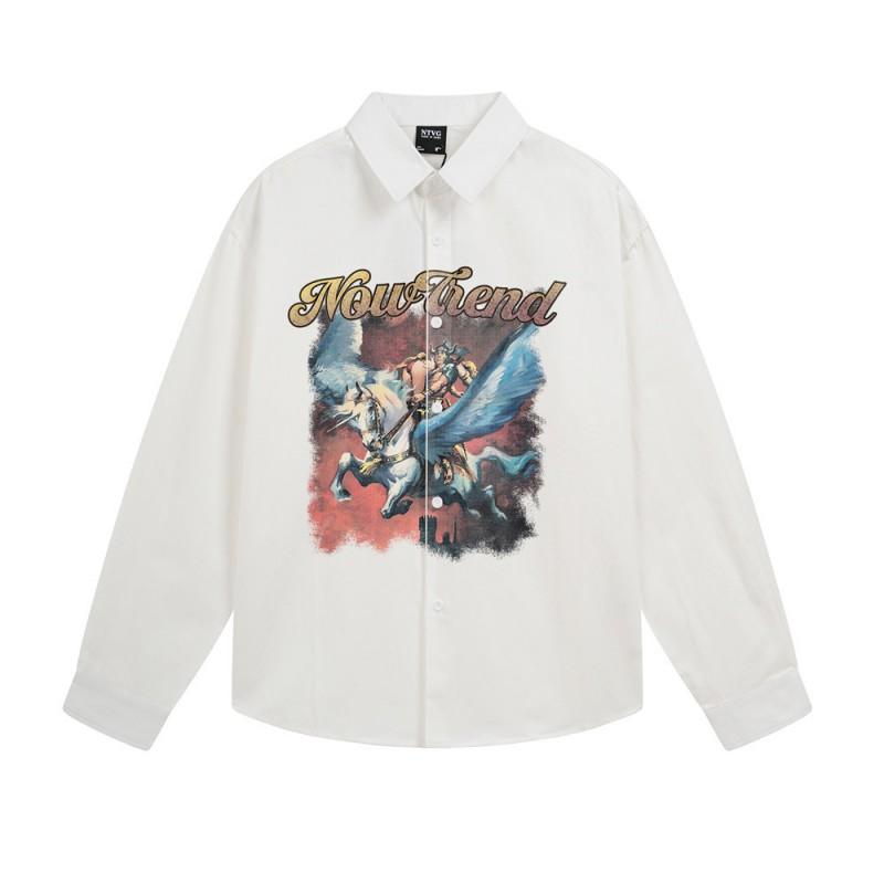 Mens Loose Long Sleeve Shirt Cartoon Pegasus Print Streetwear Casual Button Down Fall