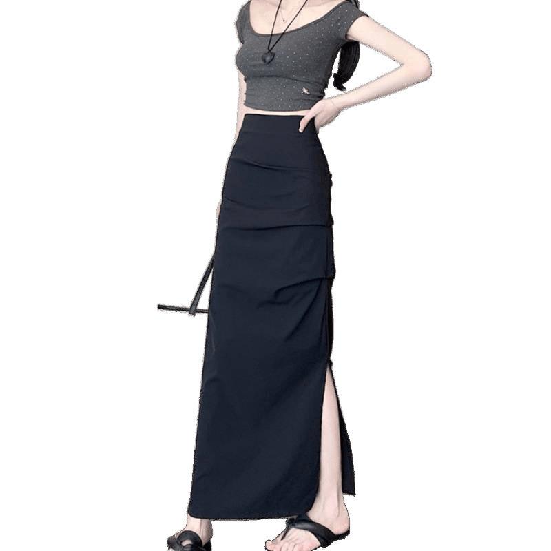 Women's Korean Style Solid Color High-Waisted Slimming Half Skirt Summer Ruched Split Bodycon Long Skirt