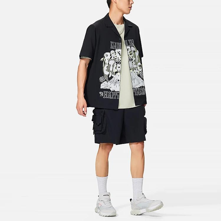 Li-Ning Summer Party Fun Print Button-Down Collar Short Sleeve Shirt Men Tops Black ASHS889-2