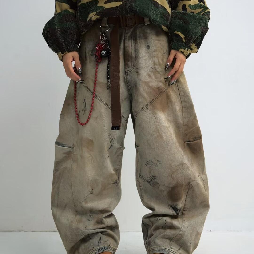 

Gender-Free Distressed Yellow Mud-Dyed Wide-Leg Jeans 2X-Large коричневий