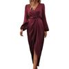 Vestido de mujer con abertura irregular, cintura alta, plisado, mangas largas abullonadas, color liso