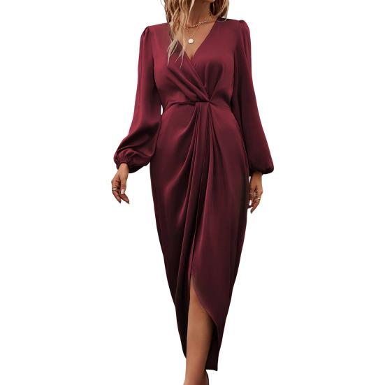 Vestido de mujer con abertura irregular, cintura alta, plisado, mangas largas abullonadas, color liso