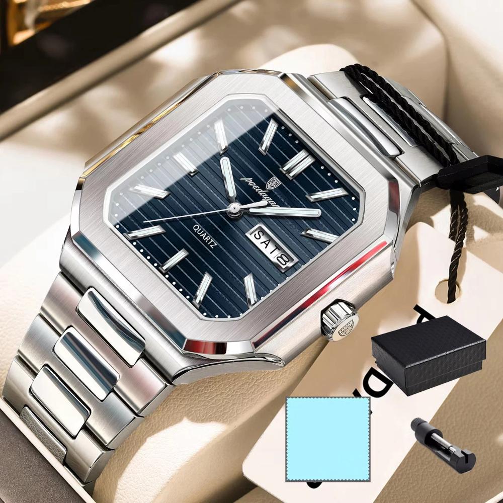 POEDAGAR Luxury Square Fashion Man Wristwatch Waterproof Luminous Date Week Quartz Watches Stainless Steel Watch