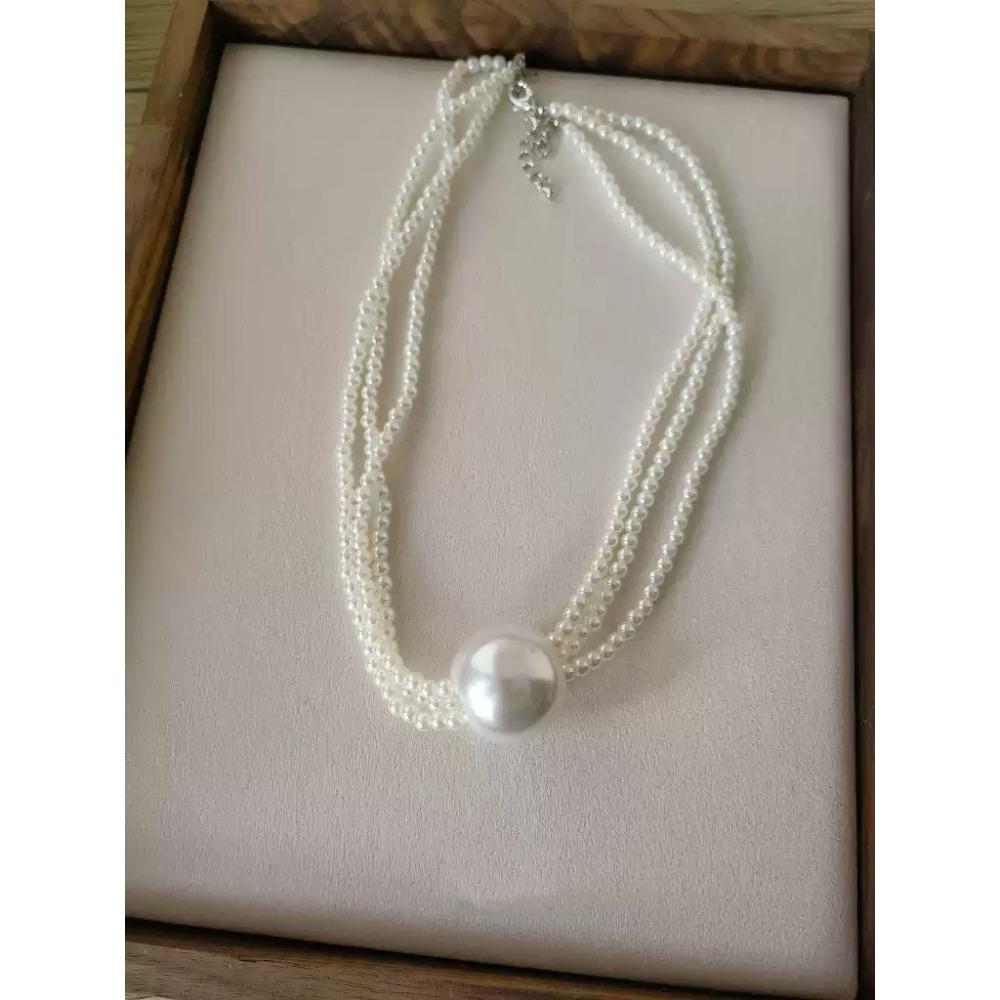 Old Money Aesthetic Multi-Strand Glass Pearl Necklace Oversized Pearls Collarbone Chain Minimalist Layering Jewelry