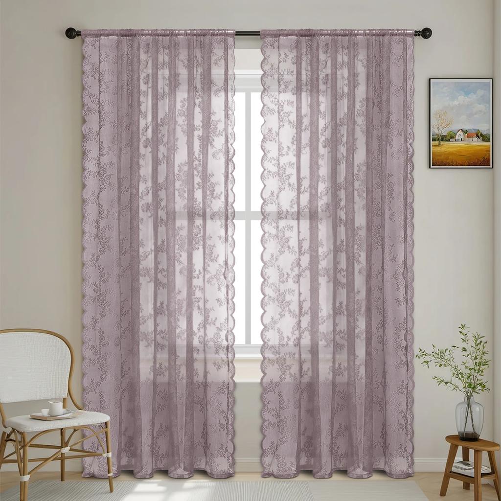 1pc Romantic Lace Sheer Curtain, Rod Pocket Flower Lace Window Curtains for Living Room Bedroom Home Decor, Window Screening