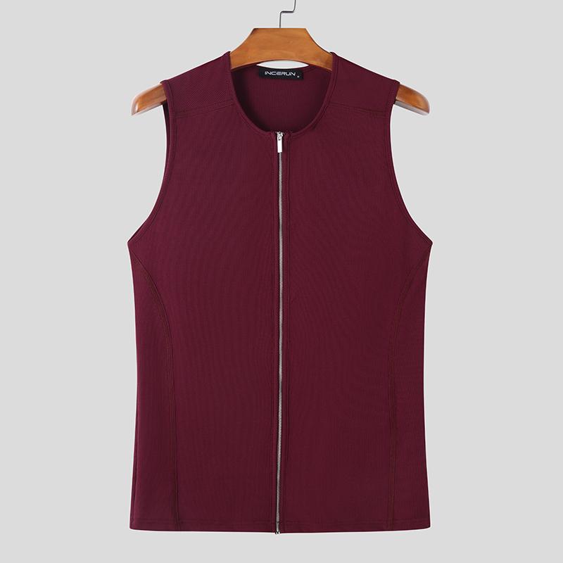 INCERUN Men Summer Sleeveless Rib Front Zipper Casual Sport Fitted Tank Tops