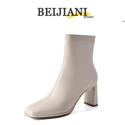 BEIJIANI 816-2 Women's Chunky Heel Ankle Boots, Square Toe, Solid Color, Soft Leather