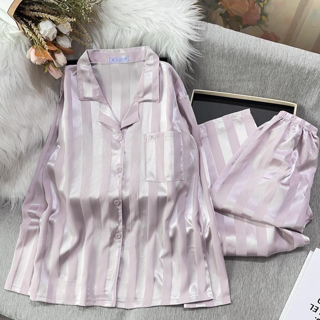 Women's Spring & Autumn Jacquard Stripe High-End Imitation Silk Pajamas Set - Outdoor Wearable