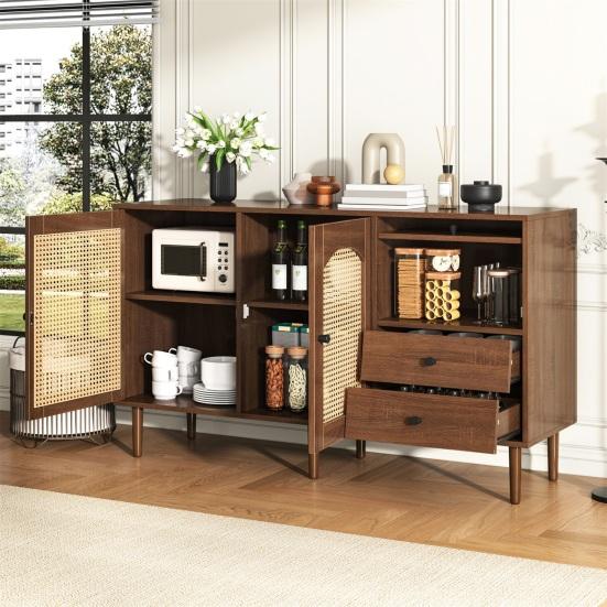 Country Style Sideboard with Rattan Doors, 130 x 75.5 x 40cm Magnetic Lock, Adjustable Shelves, Sturdy Structure, Versatile