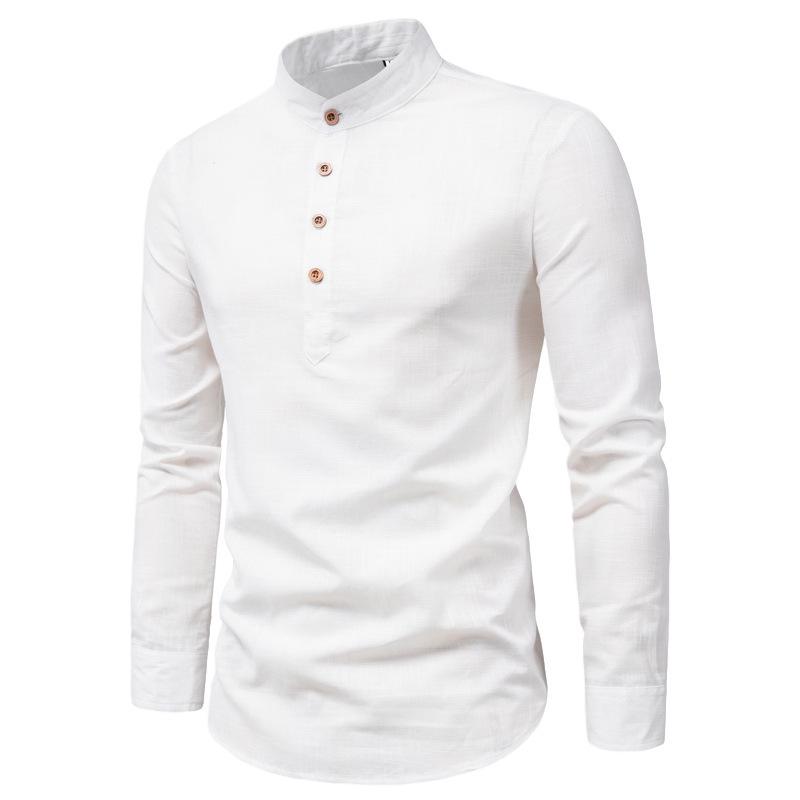 Men's Solid Color Slim-Fit Stand-Up Collar Cotton Shirt – European & American Autumn Casual Business Long-Sleeve