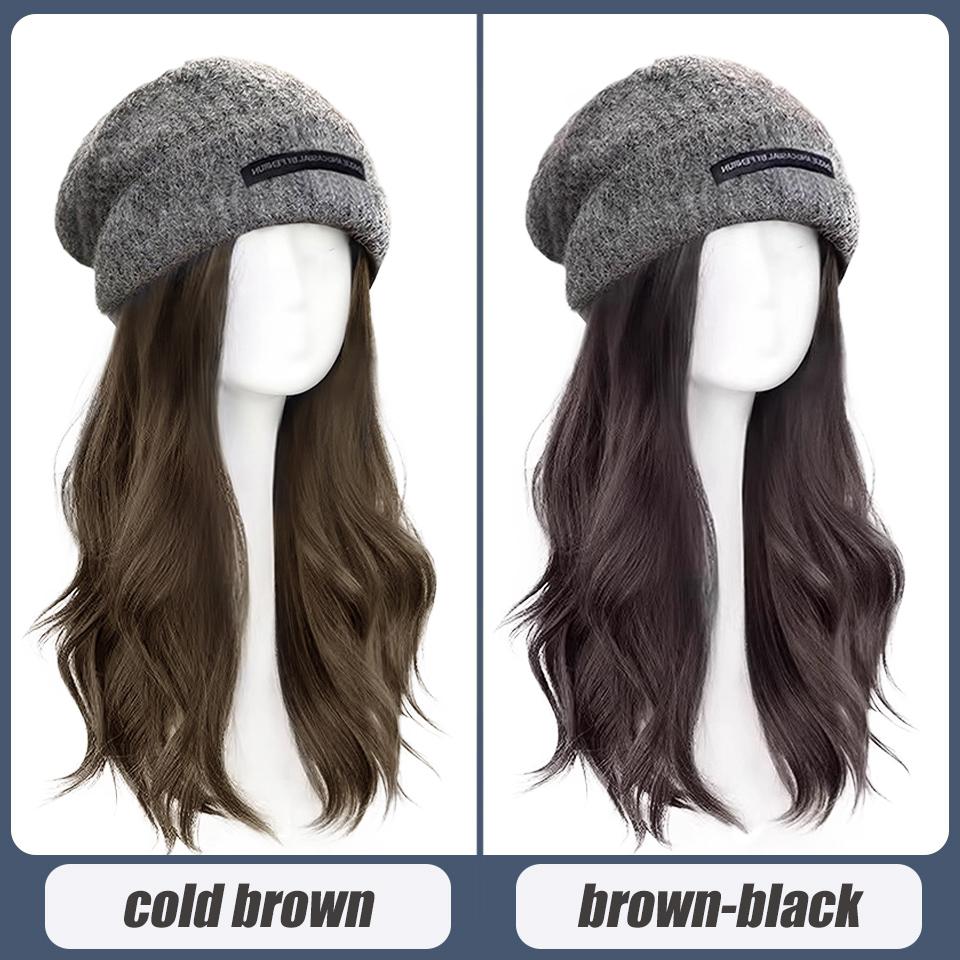 WTB Hat Wig Integrated Synthetic Wig Women Fashion Autumn And Winter Gray Warm Wool Knitted Hat Long Curly Wig Hat