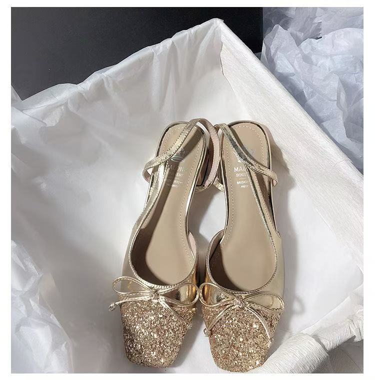 

Туфли Мэри Джейн на толстом каблуке с пайетками в сказочном стиле, с бантом, туфли-лодочки на высоком каблуке, сандалии с закрытым носком, женские, новинка 2025 35 золотой