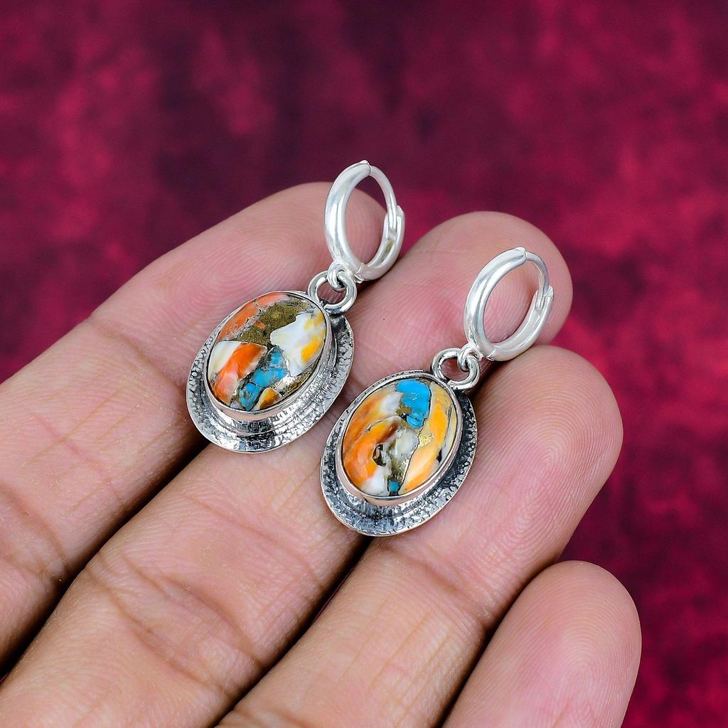 Orange Copper Turquoise 925 Solid Sterling Silver Earrings, Handmade Gemstone Earrings Jewelry, Gifts For Wife Brand New Earrings