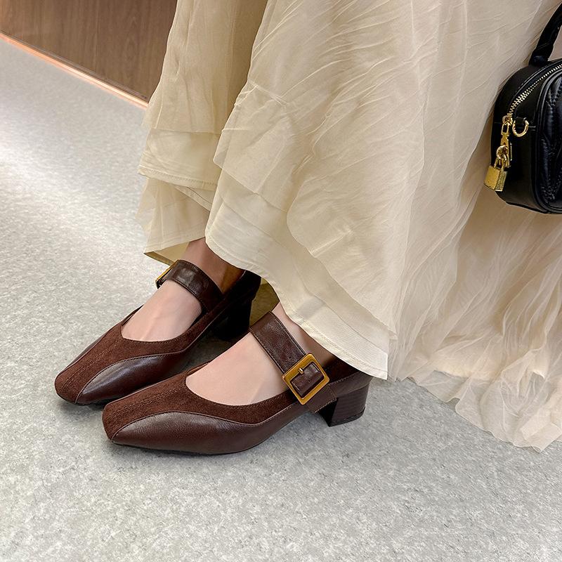 Sheepskin version spring new French retro square head one-word buckle with thick heel Mary Jane shoes versatile light mouth single shoes women