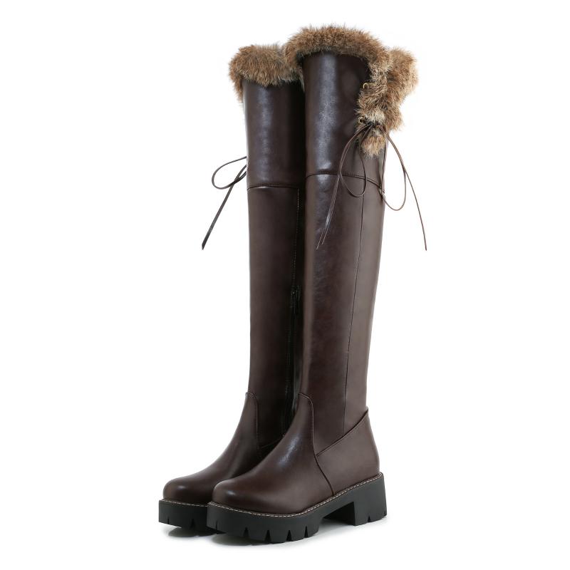 Black White Fur Snow Boots Winter Shoes Women's High Boot Platform Chunky Heels PU Leather Casual Warm Rain Shoes Waterproof