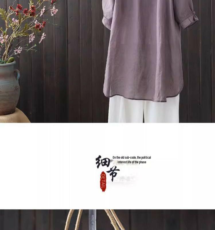Women's 2024 Retro Embroidered Cotton Linen Stand Collar Mid-Length Shirt-Coat
