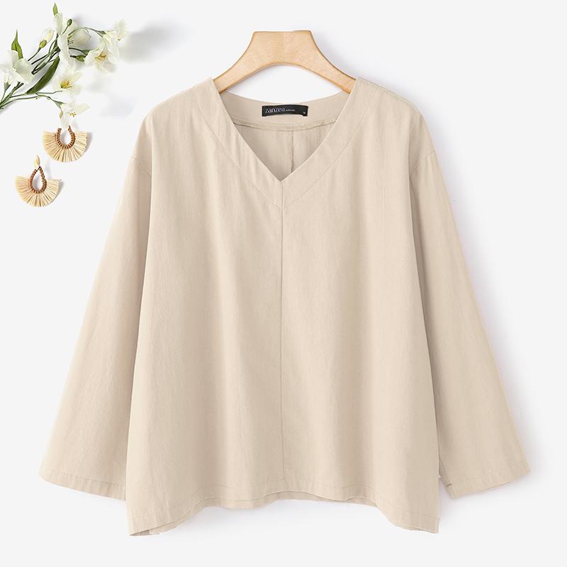 ZANZEA Women Loose Casual V-Neck Solid Color 3/4 Sleeve Cotton Blouse