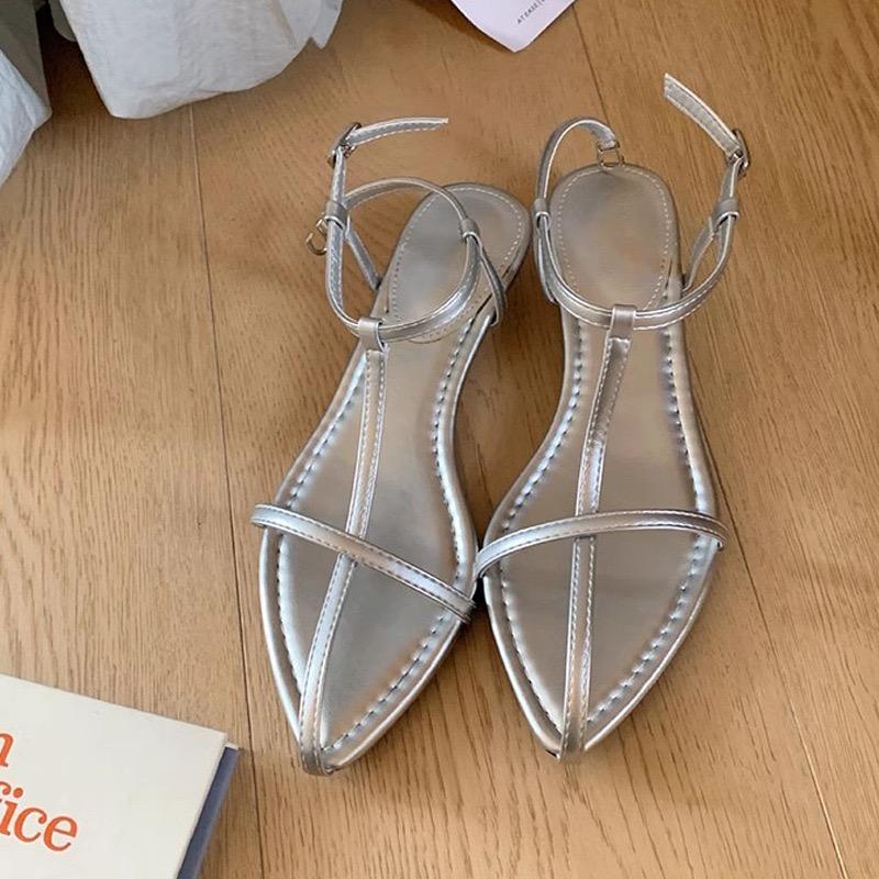 Women Fashion Sandals Thin Low Heels Pointed Open Toe Ankle Strap Dress Shoes Solid Color Summer Ladies Thin Low Heels Sandals