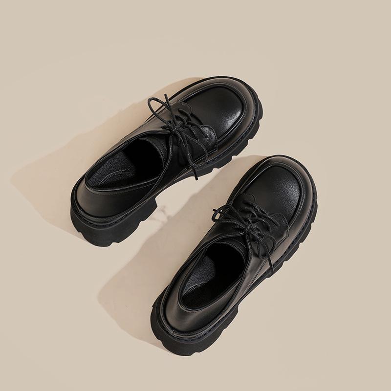 3-3 Thick-soled Muffin Small Leather Shoes for Women, Patent Leather Retro Lace-up Round Head Thick Heel Single Shoes for Women
