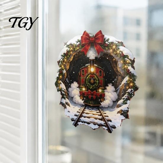 Christmas Window Clings Vintage Steam Train Static Sticker, 3D Broken Wall Effect Glass Winter Scene Decorations No-Adhesive Decal for Xmas Home Cafe