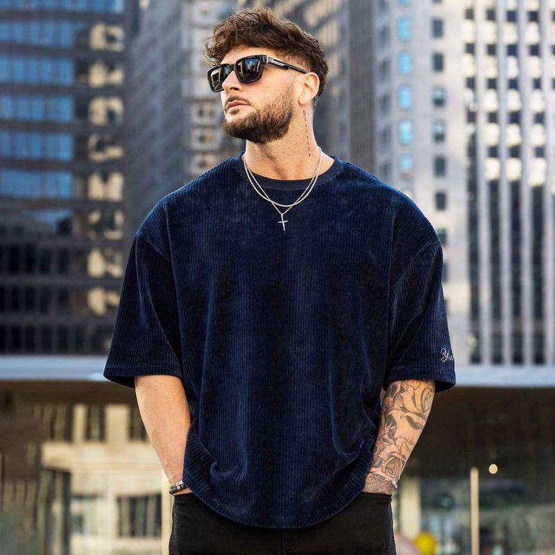 Fashion Men Fitness Short Sleeve Loose-Fitting Casual round-Neck Stripes Plus Size T-shirt Heavy Weight Breathable Fashion Muscle Half Sleeve
