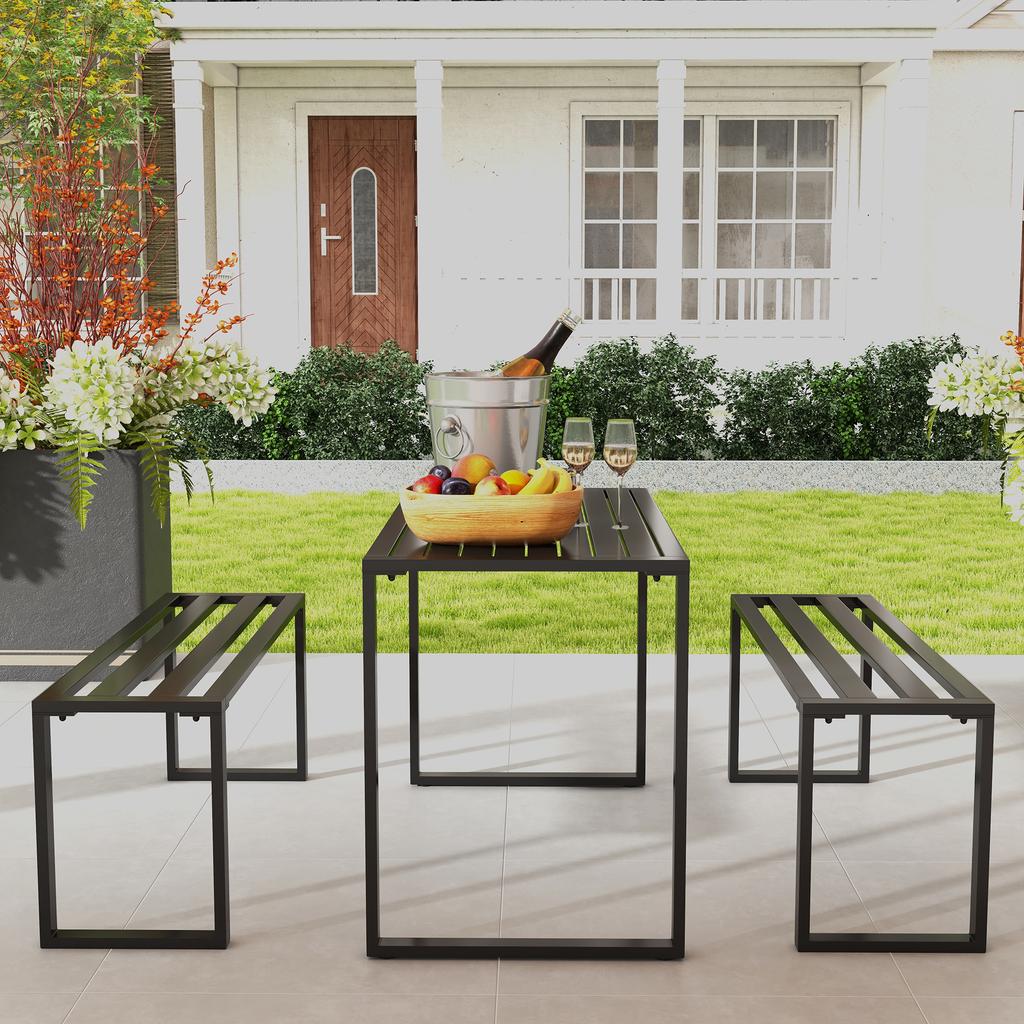 Garden Set for 4 People, 1 Table & 2 Benches, Metal, Black