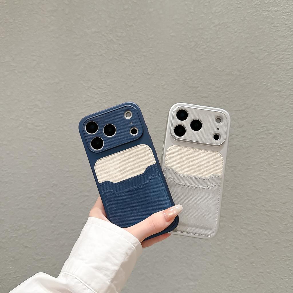 Luxury Double-layer Card Bag Denim Fabric Texture Patterned Phone Case for iPhone 17 16 15 14 13 Pro Max Shockproof Bumper Cover