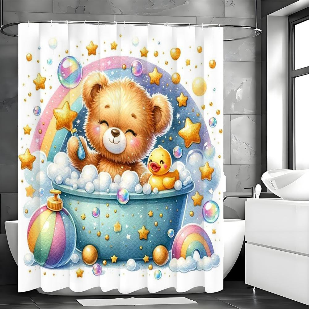Cute cartoon bear bath yellow duck bath tub shower curtain, bathroom decorative shower curtain, waterproof shower curtain with h