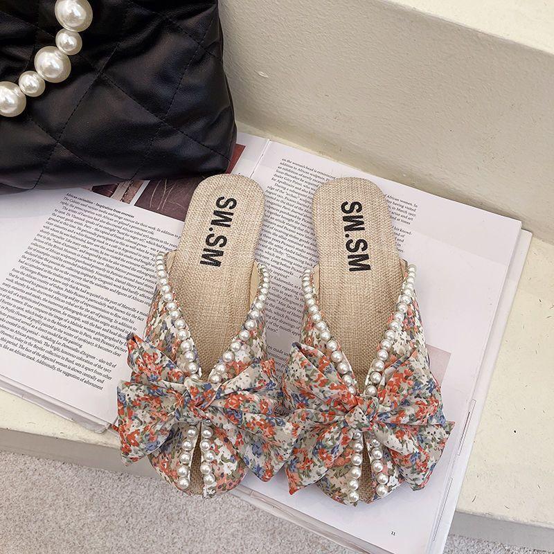 Slippers female summer wear small floral flat bottom fish mouth sandals fashion one pedal bag head half drag