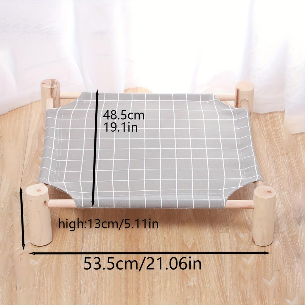 Elevated Wooden Cat Hammock Bed with Removable Gray Grid Fabric - Cooling, Washable Pet Lounger for Indoor/Outdoor Use, Ideal for Cats & Small Dogs