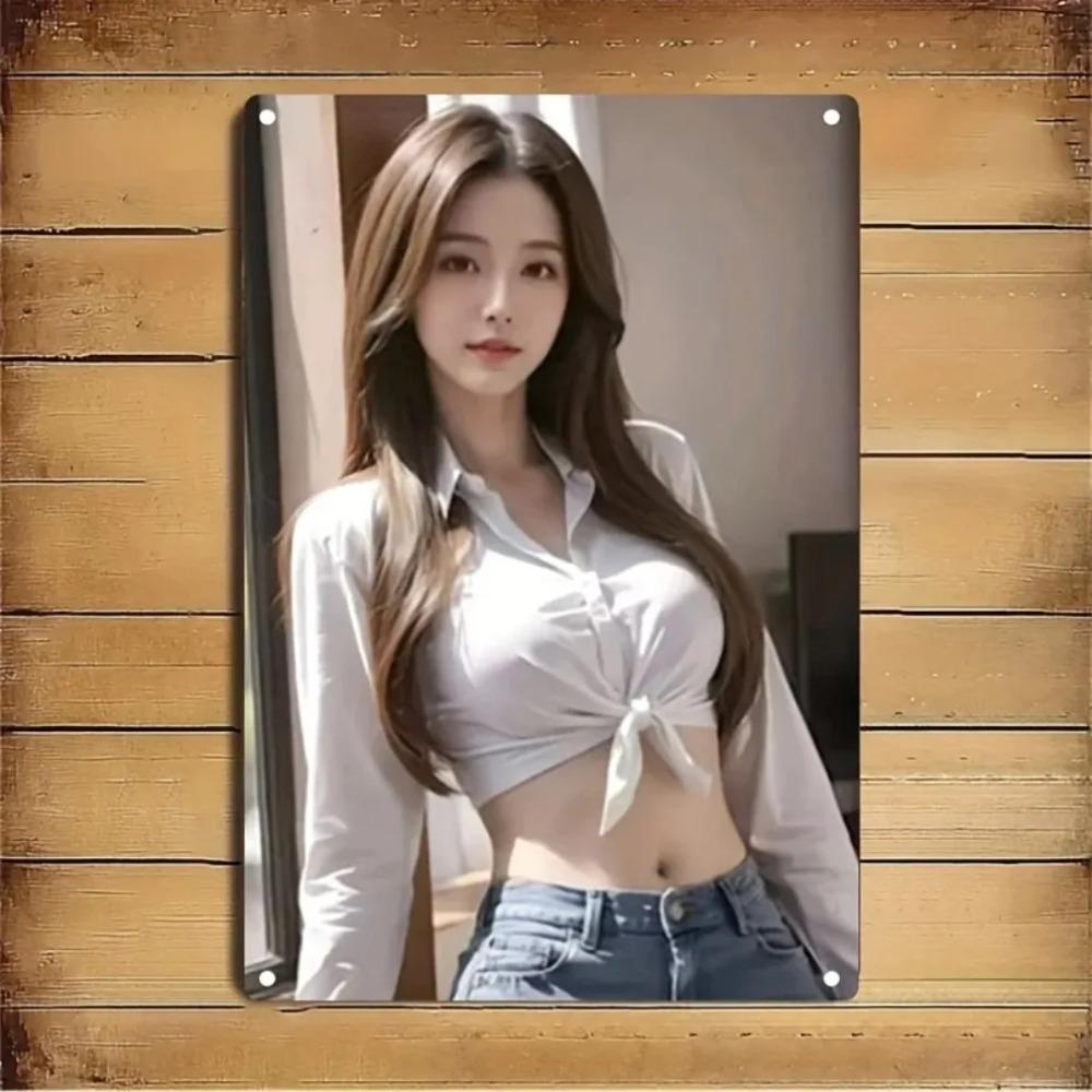 

Stylish Asian Busty Model in White Knotted Crop Shirt High Waisted Blue Jeans Vintage Metal Tin Sign Retro Iron Painting Wall 20x30cm（7.8x11.8inch）