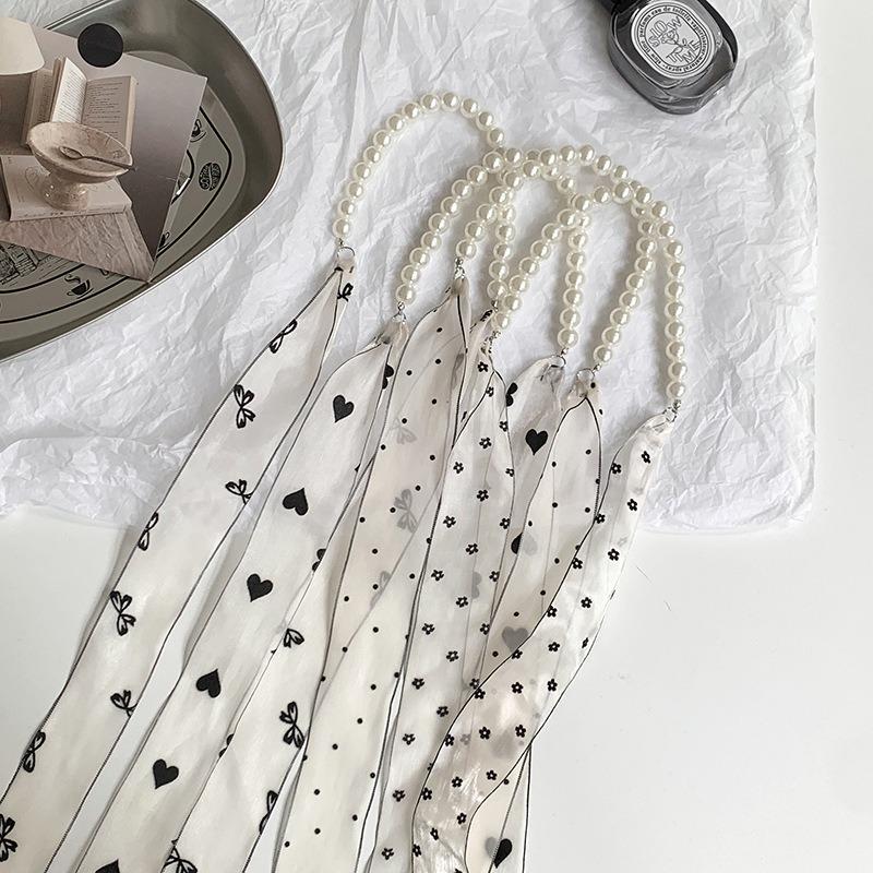 Pearl necklace new polka dot silk scarf high-end organza scarf hair accessories headgear bag ribbon streamer headband