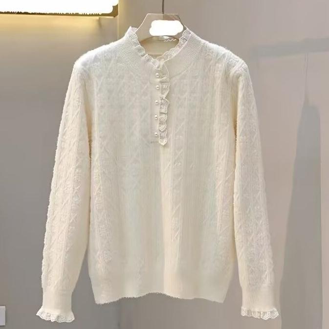 

Women s Beaded Stand Collar Cable Knit Sweater Fall/Winter Thick Soft White Knit Pullover Top 2XL білий