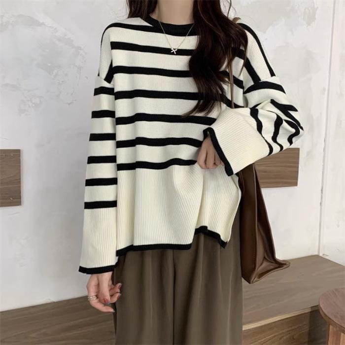 Designed Retro Striped Long-sleeved Sweater for Women In Spring and Autumn New Style Sweater Niche Loose Slimming Top for Women