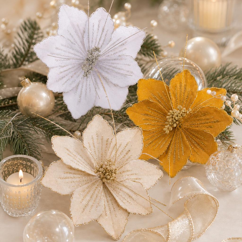 Christmas Glitter Artificial Flower Picks, Fabric Floral Branches for Xmas Tree Decor