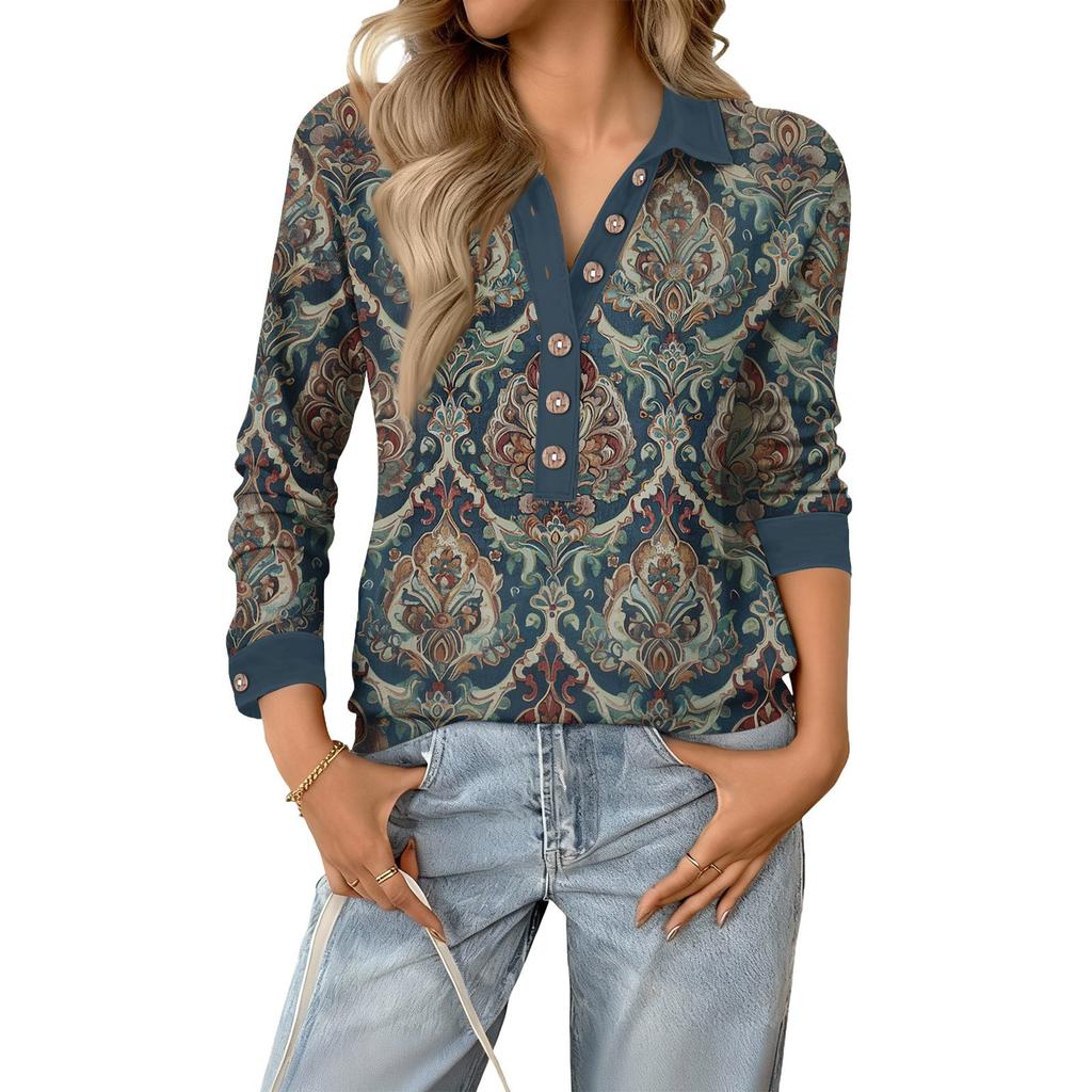 Women's Fashionable and Relaxed V,neck Long,sleeved Button,down Retro Print Pullover Top
