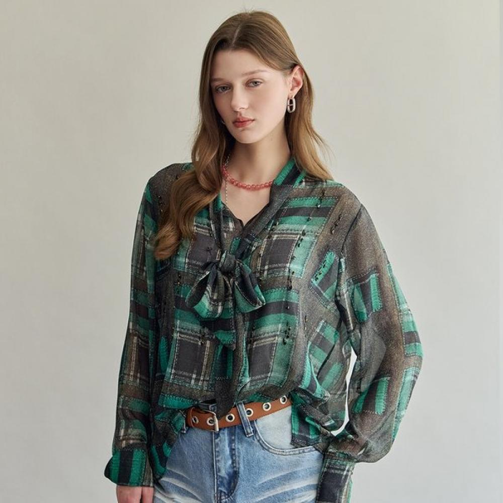 Maxza Vintage Check Beads Tie Blouse Zf05qb020nh