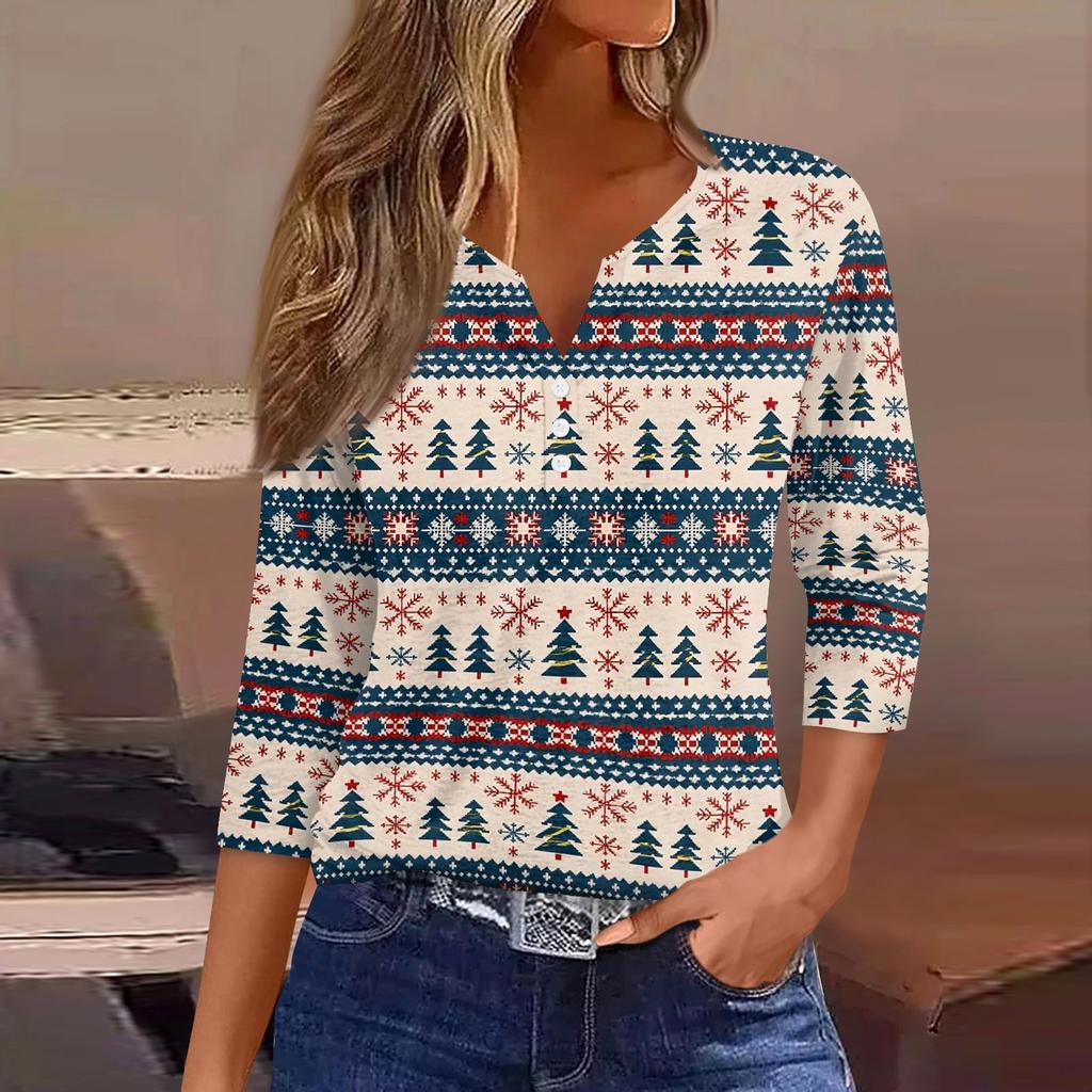 Women's Casual Christmas Print V-Neck T-Shirt with Decorative Buttons and 3/4 Sleeves