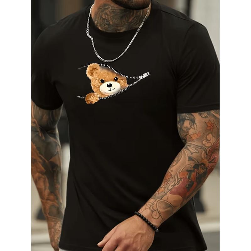 Men'S Black T-Shirt with Cute Bear Design - 180G 100%, Size S-XXL, Perfect for All Seasons
