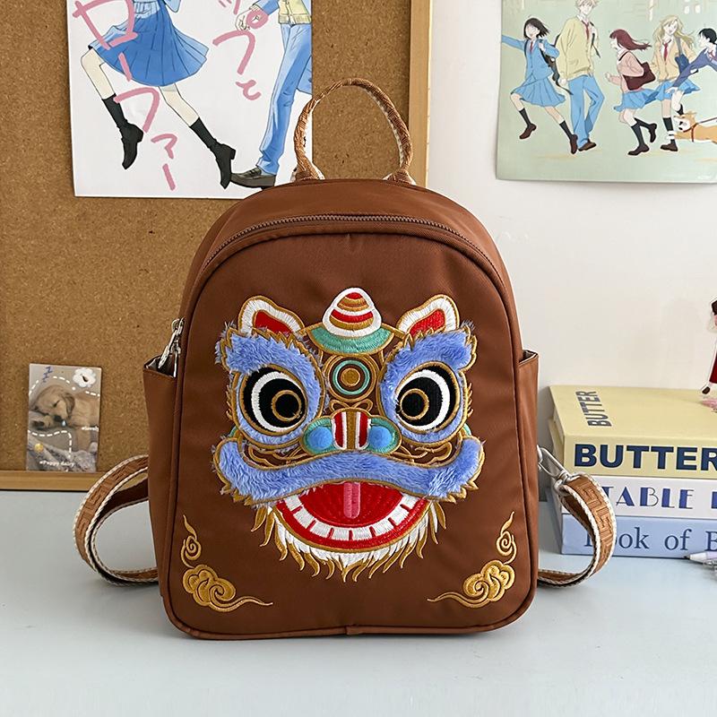 Schoolbag Guochao Lion Dance Embroidered Backpack Women's New Retro Fashion Versatile Large Capacity Go Out Play Small Backpack
